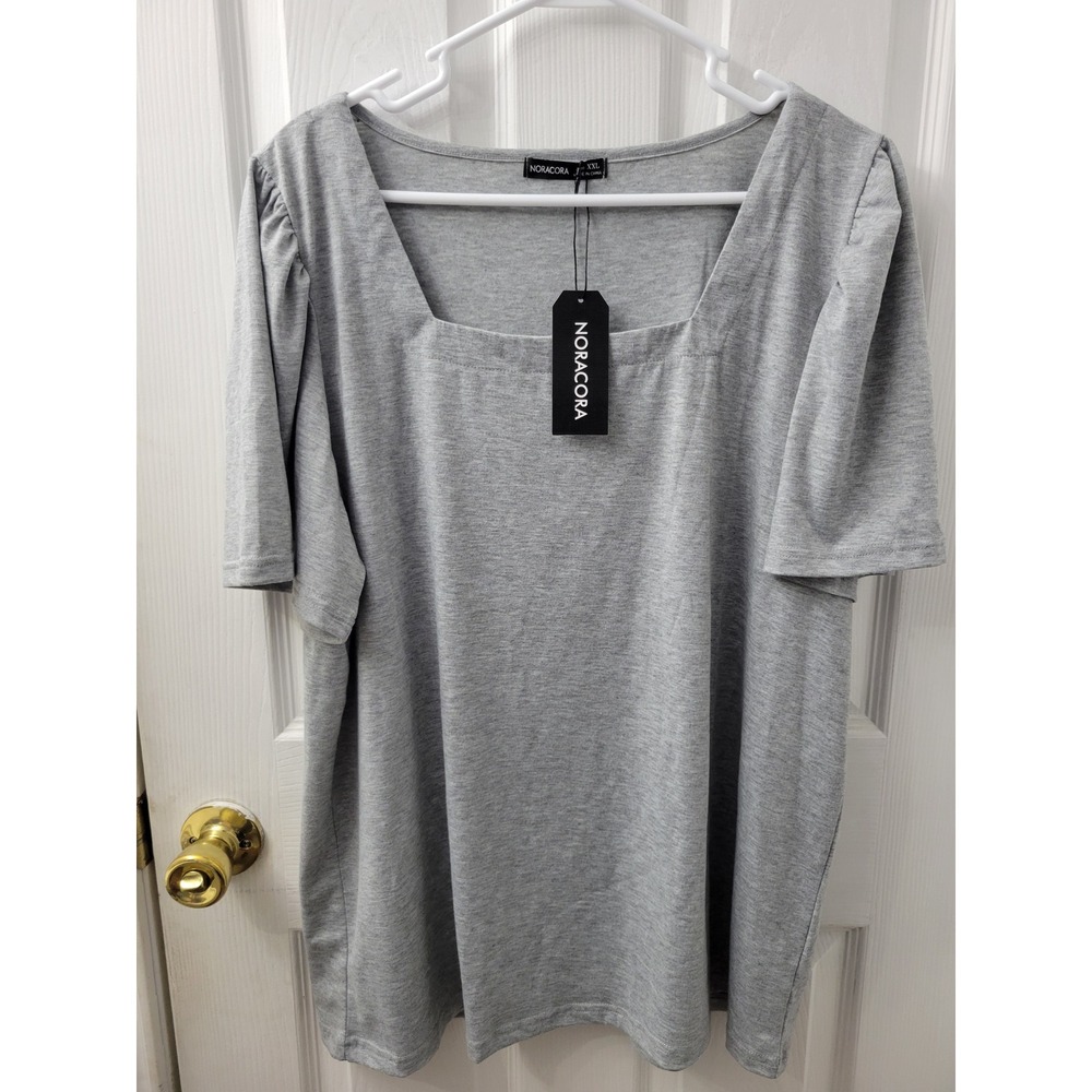 Noracora Womens XXL Heather Grey Square Neck Puff Sleeve Top Tee 1343509# NEW